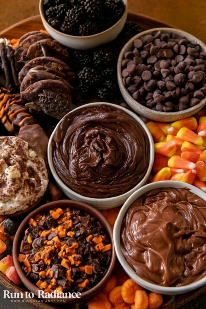 Halloween dessert charcuterie board with chocolate dips, cookies, candy corn, and blackberries