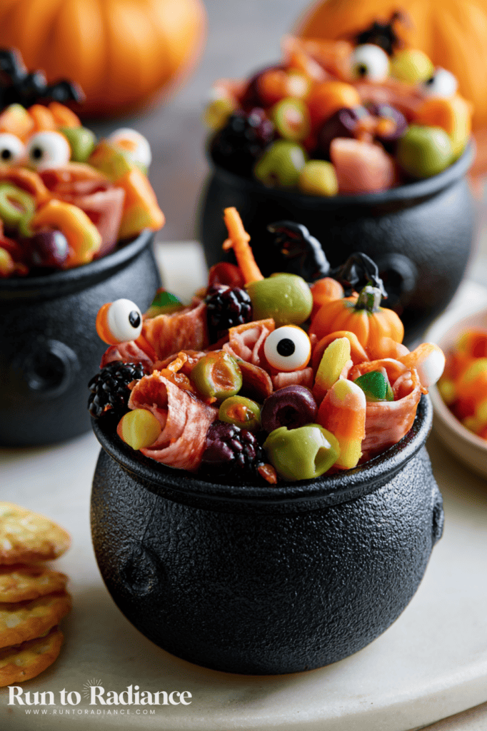 Individual Halloween charcuterie cups served in mini cauldrons with candy eyeballs and candy corn