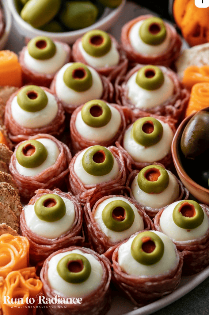 Halloween charcuterie board eyeball appetizers made with mozzarella, salami, and green olives and pimento red centers
