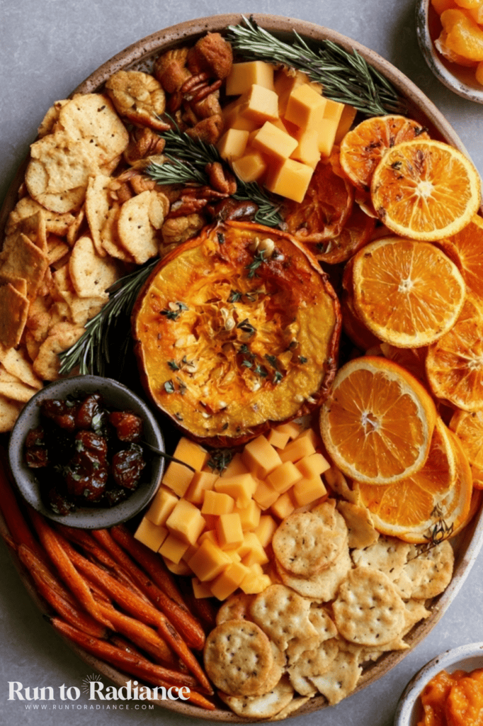 Fall charcuterie board with roasted pumpkin, orange slices, cheddar cheese, and pecans