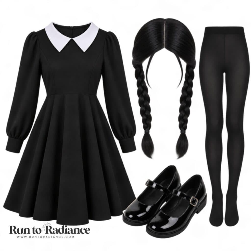 Wednesday Addams inspired costume with black dress white collar braids tights and Mary Jane shoes