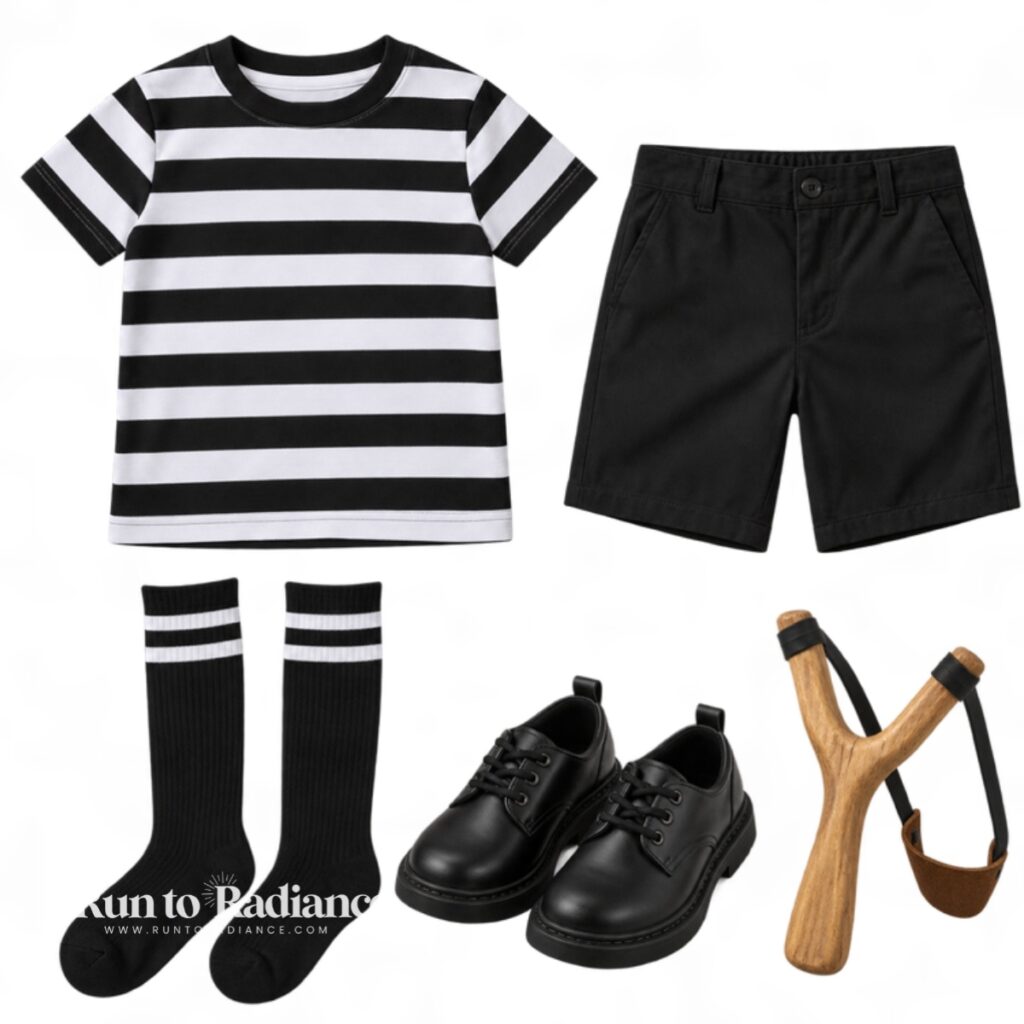 Pugsley Addams inspired costume with striped shirt black shorts knee socks and black shoes