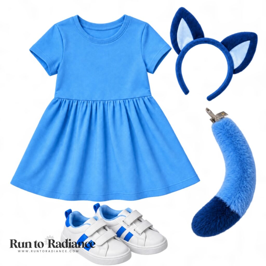 Blue dog bluey inspired kids costume with blue dress ears tail and coordinating sneakers