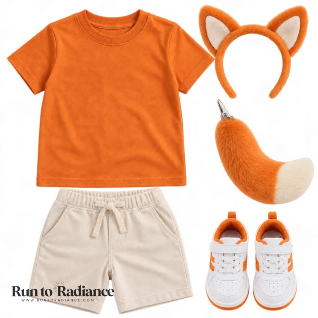 Orange dog bluey inspired boys costume with orange shirt cream shorts ears tail and sneakers