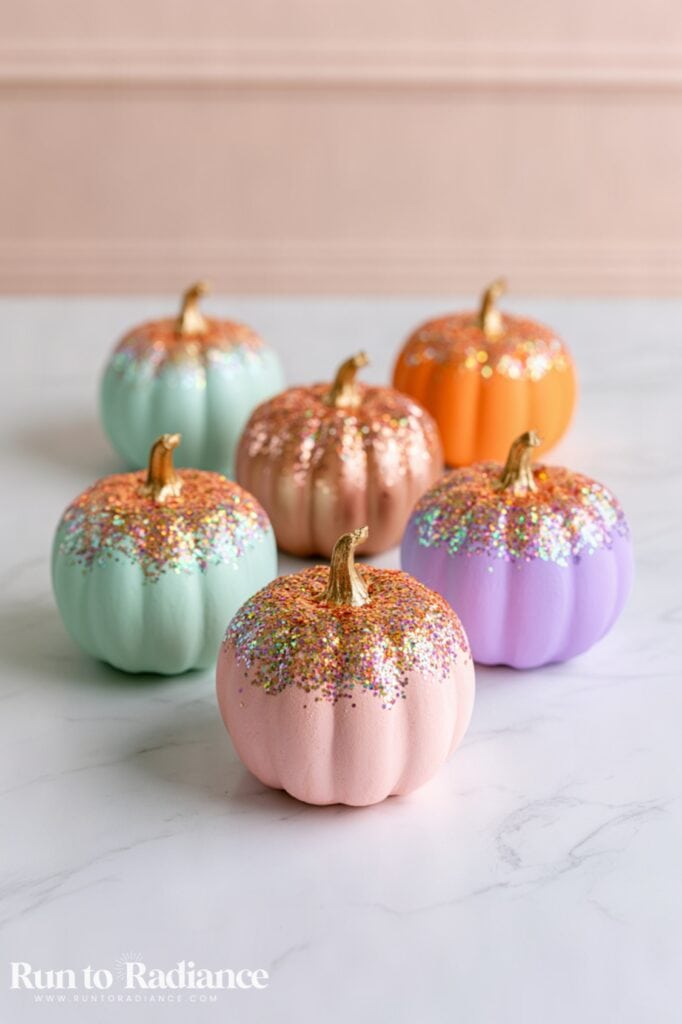 pastel pumpkins topped with glitter at the top and a gold stem