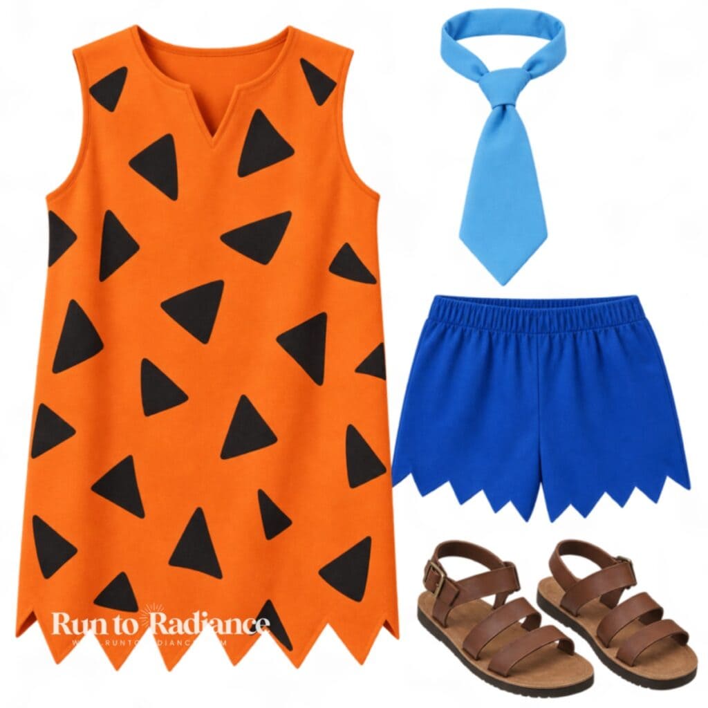 Fred Flintstone inspired costume with orange spotted tunic blue tie shorts and brown sandals
