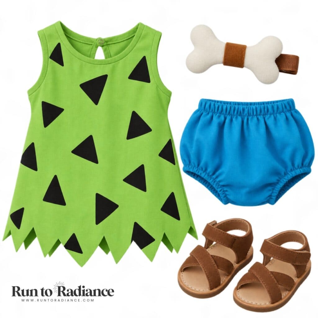 Pebbles Flintstone inspired toddler costume with green spotted dress blue bloomers and bone hair accessory