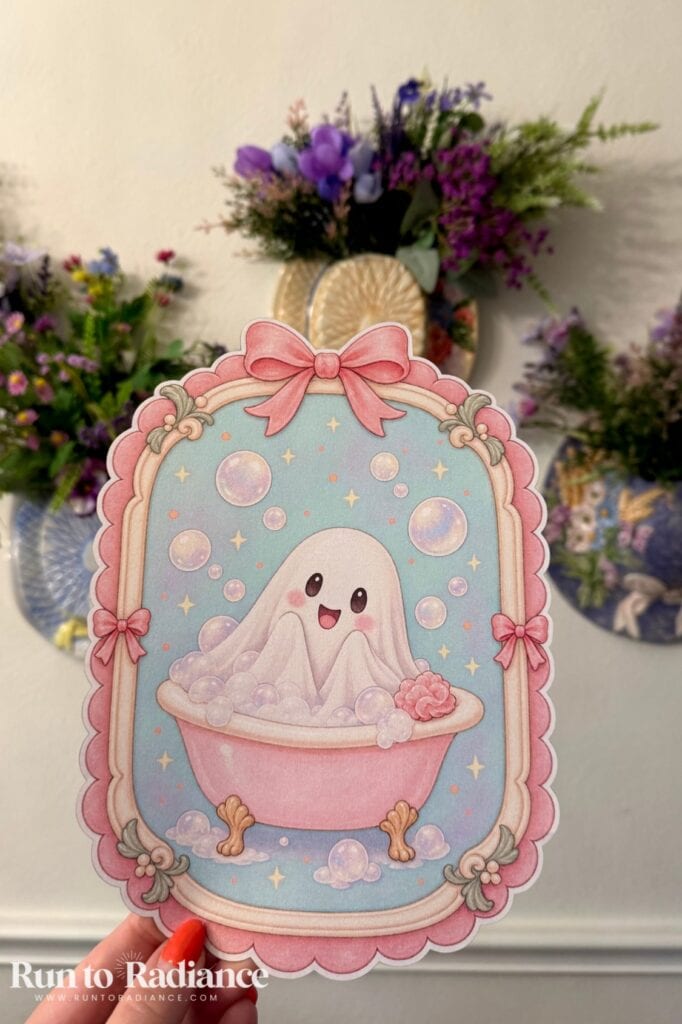 Full sheet of pastel ghost-in-bathtub printed on iridescent cardstock made with the xTool M2