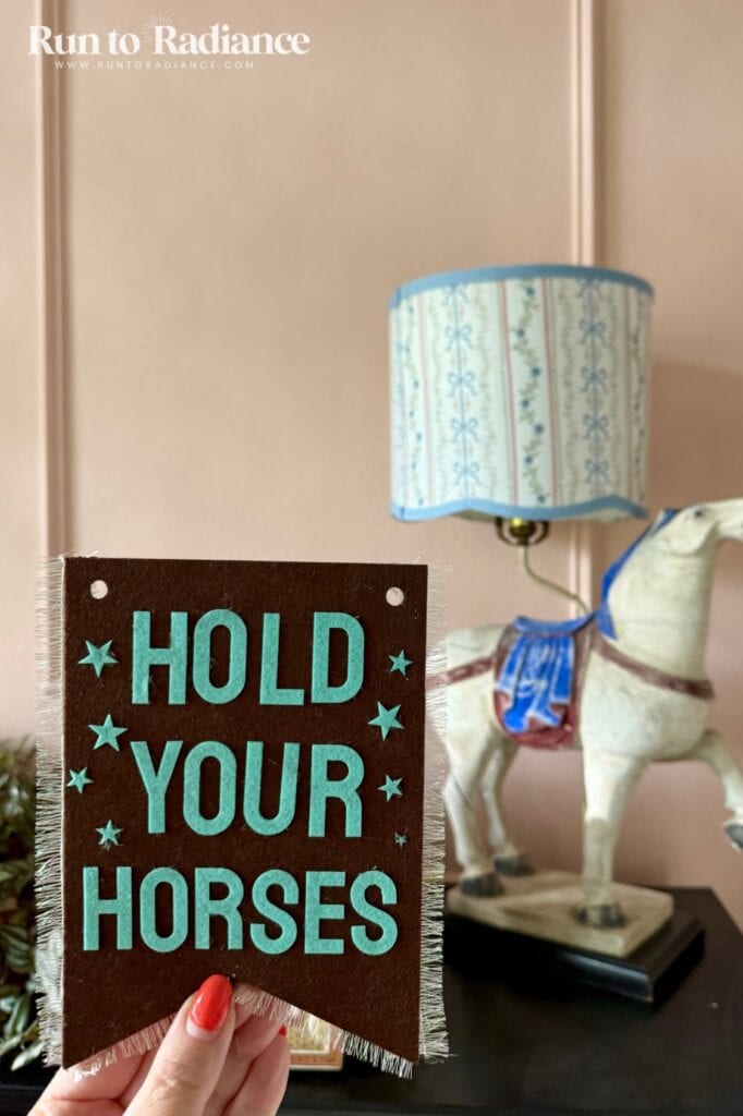 felt sign created with the m2 laser that says hold your horses