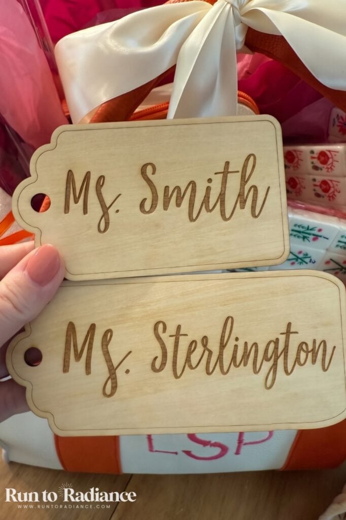 Engraved wooden gift tags with names as an example of personalized Christmas gifts to make with the xtool M2