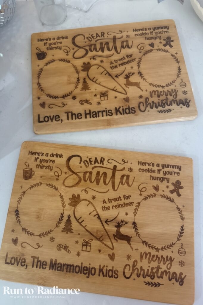 Personalized cutting board engraved with a family name for a Christmas gift