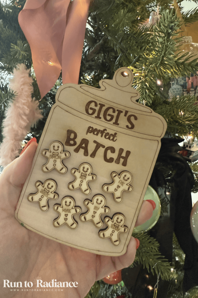 Laser cut gingerbread-themed wooden ornaments for a personalized Christmas gift