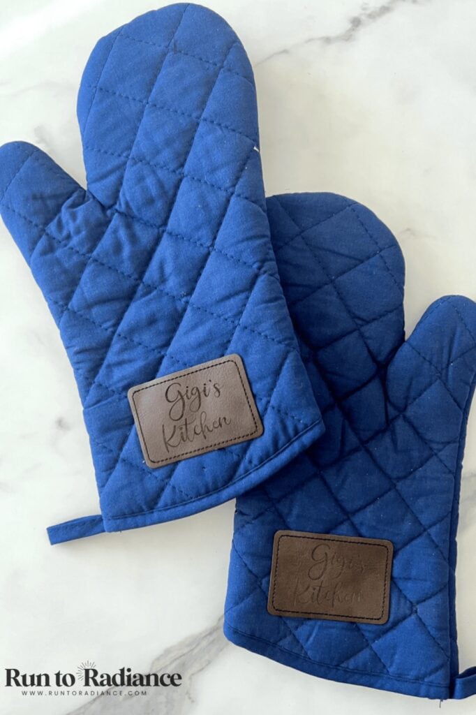 Potholder with an engraved leather patch personalized for a Christmas gift