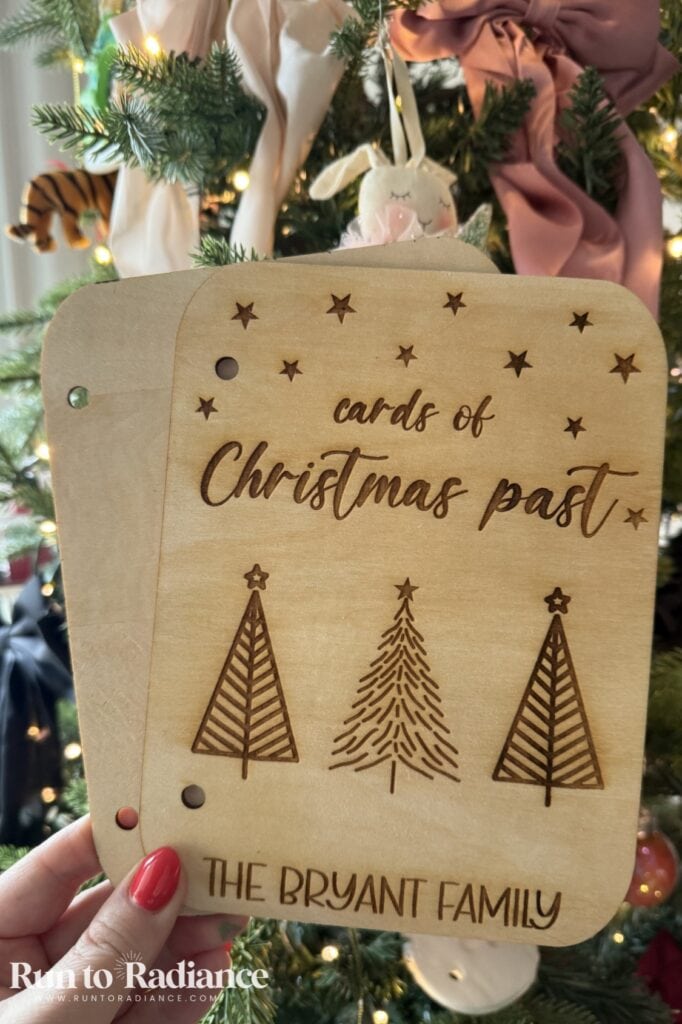 Personalized wooden cover for storing Christmas cards from past years